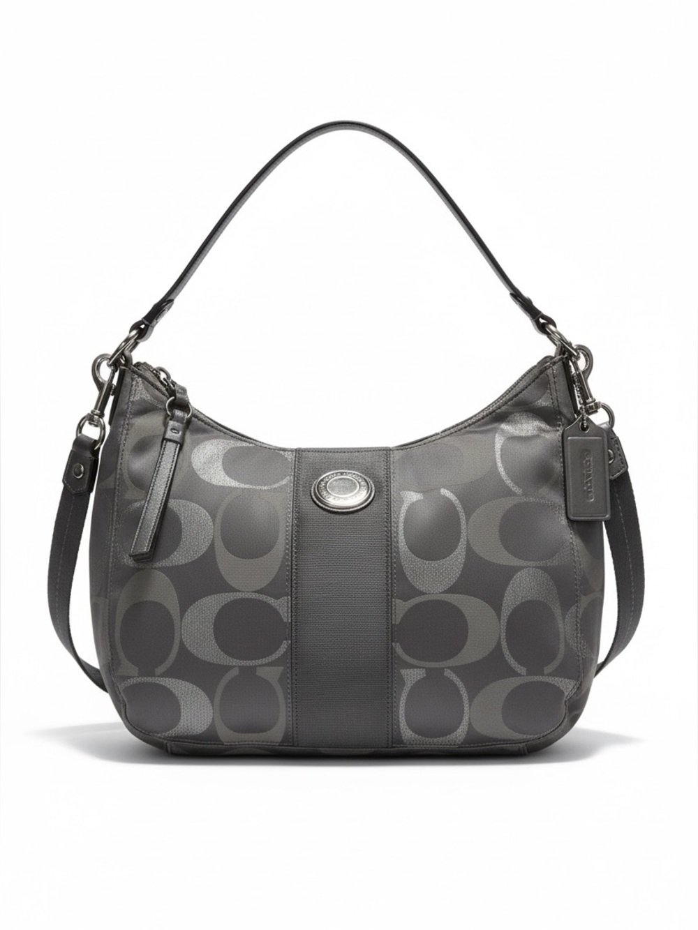 COACH Hobo Shoulder Crossbody Bag CC Silver Metallic Signature Leather Canvas